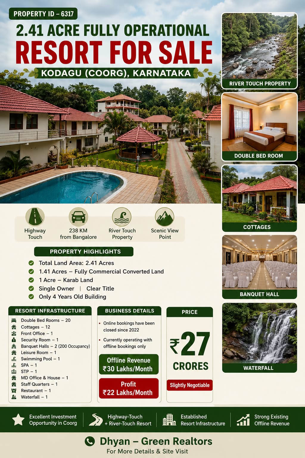 🆔 *PROPERTY ID – 6317* 🏨🌿 *2.41 ACRE FULLY OPERATIONAL RESORT FOR SALE – KODAGU (COORG), KARNATAKA 🌿🏨*
